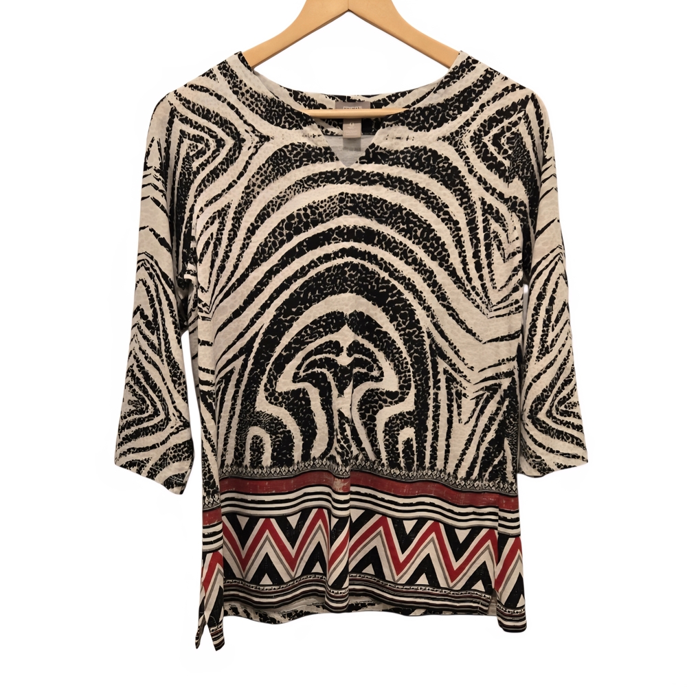 Chico’s Zebra Print Top Cotton Modal Safari Blouse Tribal Border “0” or Size 4-6